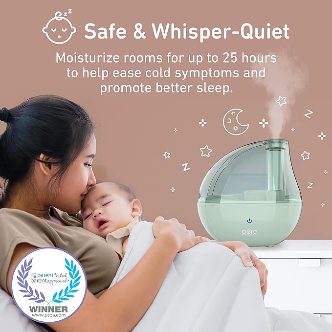 Pure Enrichment PureBaby Ultrasonic Cool Mist Humidifier & Soft Glow Night Light, Whisper-Quiet and Ideal for Baby Nurseries & Kids Bedrooms to Relieve Congestion, Colds, & Coughs (Whisper Green)
