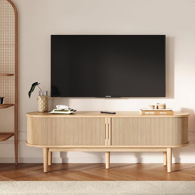 LINSY HOME 58" Fluted TV Stand for TVs up to 65 Inch, Mid Century Modern Entertainment Center with Storage Cabinet and Sliding Doors, Farmhouse Wood Media TV Console for Living Room, Bedroom, Oak