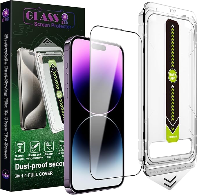 [2-Pack Ultra HD Clear Screen Protector for iPhone 14 Pro Max/15 Plus/16 Plus (6.7-Inch),9H Tempered Glass,Full Coverage,Anti-Fingerprint,Auto Dust Removal,Bubble-Free,Easy Installation