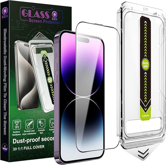 [2-Pack Ultra HD Clear Screen Protector for iPhone 14 Pro Max/15 Plus/16 Plus (6.7-Inch),9H Tempered Glass,Full Coverage,Anti-Fingerprint,Auto Dust Removal,Bubble-Free,Easy Installation