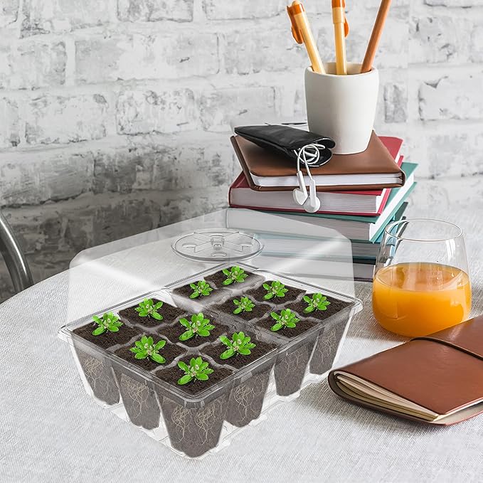 Gardzen 10 Pack Seed Starting Tray, Plant Germination Trays, Seed Starter Kit with Adjustable Humidity Vented Dome and Clear Base, Plant Growing Kit 6.6" x 4.5", Total 120-Cell, Clear