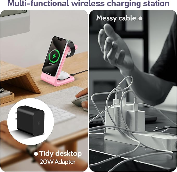 3 in 1 Wireless Charging Station: 5000mAh Removable Power Bank Charger Stand for iPhone/Apple Watch/Airpods - Portable Magnetic Battery Pack for Air 17 16 15 14 13 12 Series Pink
