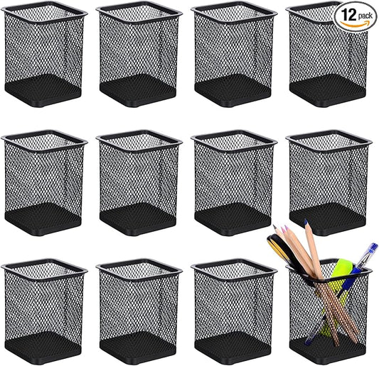 TooCust Black Mesh Pencil Cup Holder for Desk, 12 Pack Mesh Square Pen Holder - Thickened Metal & Non-Slip Bottom, Wire Pencil Holder Makeup Brush Holders Pen Cup Bulks for Home, School & Office