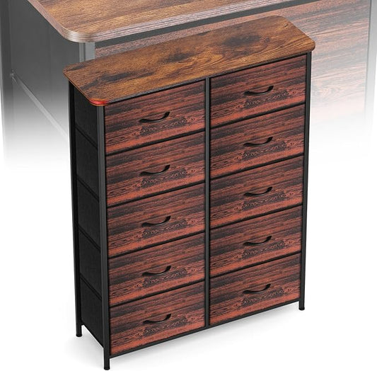 Curved Profile Dresser for Bedroom, Chest of Drawers, 10 Storage Drawers Organizer Unit, Brown Dresser with Fabric Bins for Closet, Living Room, Kid Room （Rustic Brown