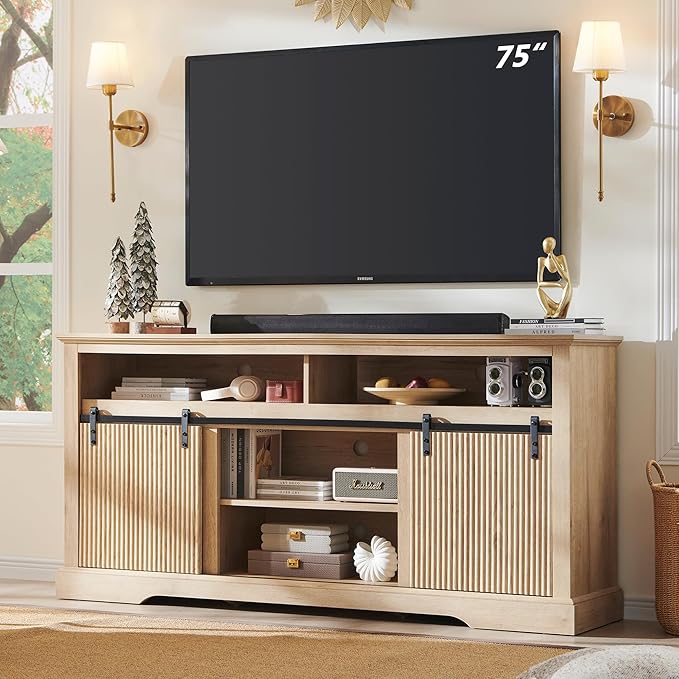 Fluted TV Stand for 75 Inch TVs, 32" Tall Modern Entertainment Center with Waveform Panel Sliding Door, Media Console Cabinet with Storage & Adjustable Shelf for Living Room, 66 inch (Natural)