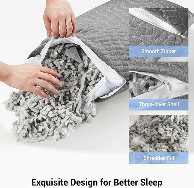 puredown King Size Pillows Set of 2, Shredded Memory Foam Pillows, Cooling Pillow King 2 Pack, Foam Pillow for Sleeping, Adjustable Firm Bed Pillow for Side, Back and Stomach Sleepers, Grey