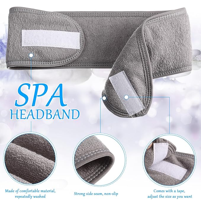 Hoteam 30 Pack Spa Headband Facial Esthetician Hair Wrap for Women Adjustable Makeup Sports Shower Stretch Towel with Tape(Gray)