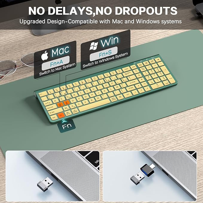 JOYACCESS Slim Compact Wireless Keyboard - Full-Size Silent Keys & Ergonomic Design, Number Pad & Dustproof Cover for Windows/Mac - Emerald Green