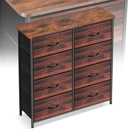Curved Profile Dresser for Bedroom, Chest of Drawers, 8 Storage Drawers Organizer Unit, Brown Dresser with Fabric Bins for Closet, Living Room, Kid Room (Rustic Brown)