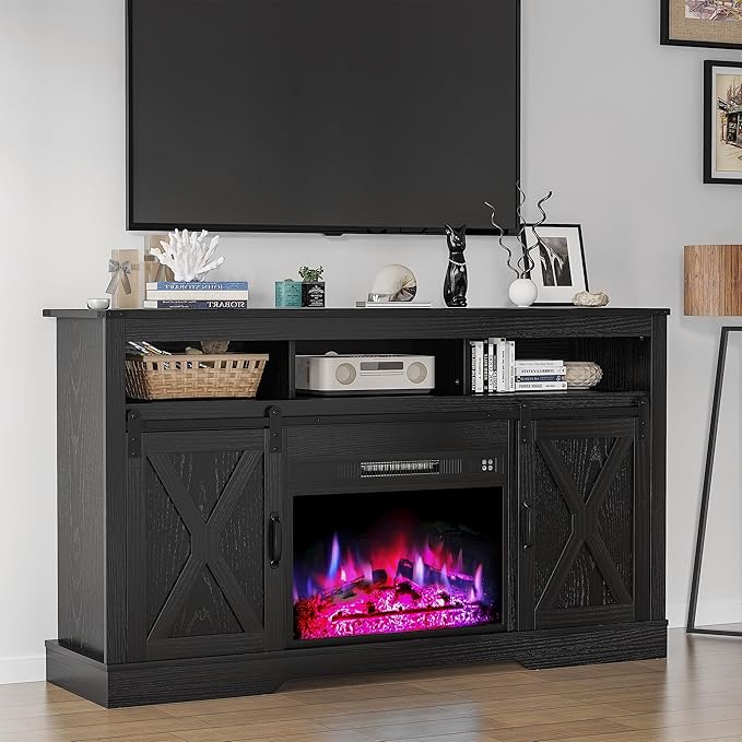 RoyalCraft Farmhouse Fireplace TV Stand for 65+ Inch TV, Entertainment Center with 23" Electric Fireplace with Remote, 34" Tall Modern Rustic TV Console with Sliding Bar Door for Living Room, Black