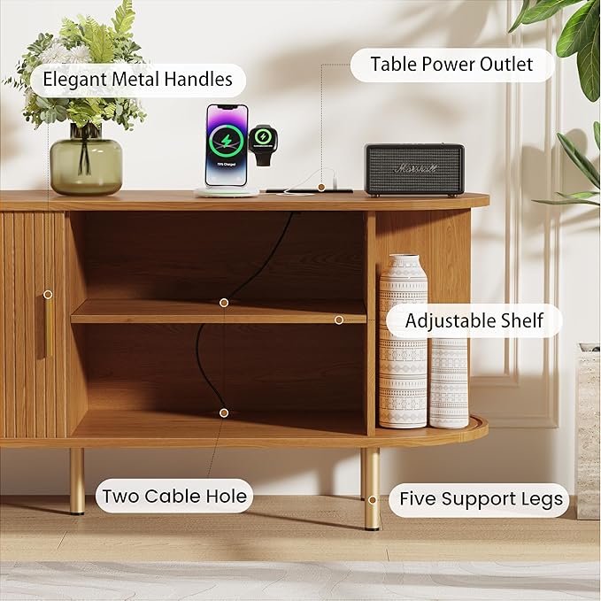 DHH Tv Stand Cabinet with Storage,Fluted Tv Console Entertainment Center with Storage Adjustable Shelves, Modern Vintage with Sliding Doors tv Stand for Living Room (Yellow Walnut, 63 Inch)