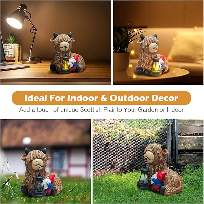 Highland Cow Gnome Solar Statues Decor - Garden Gnomes Statues Highland Cattle Mouth with Lights, Outdoor Ornaments Funny Decoration for Yard, Patio, Unique Gifts Birthday for Women, Mother Day