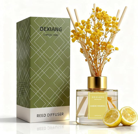 Reed Diffuser Set - 3.38 fl oz (100ml) Lemon Verbena Essential Oil with 6 Reed Sticks | Home & Bathroom Decor
