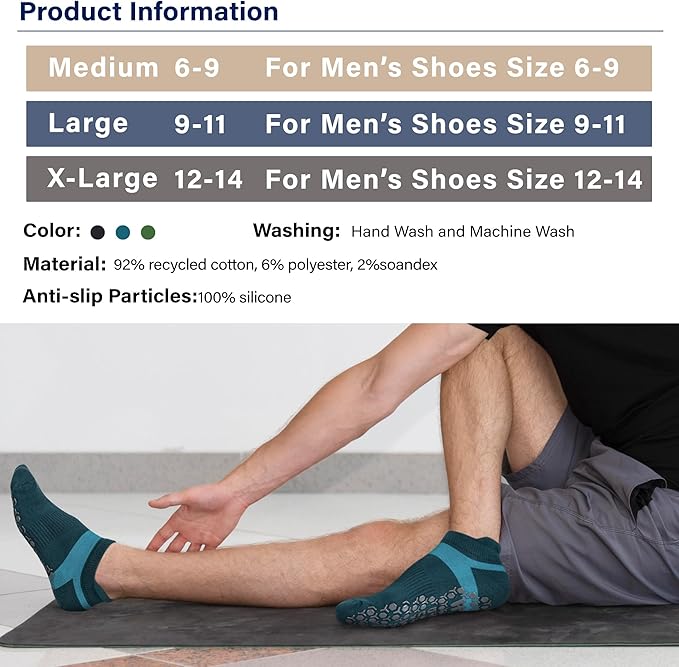Muezna Men's Non-Slip Yoga Socks, Anti-Skid Pilates, Barre, Bikram Fitness Hospital Slipper Socks with Grips