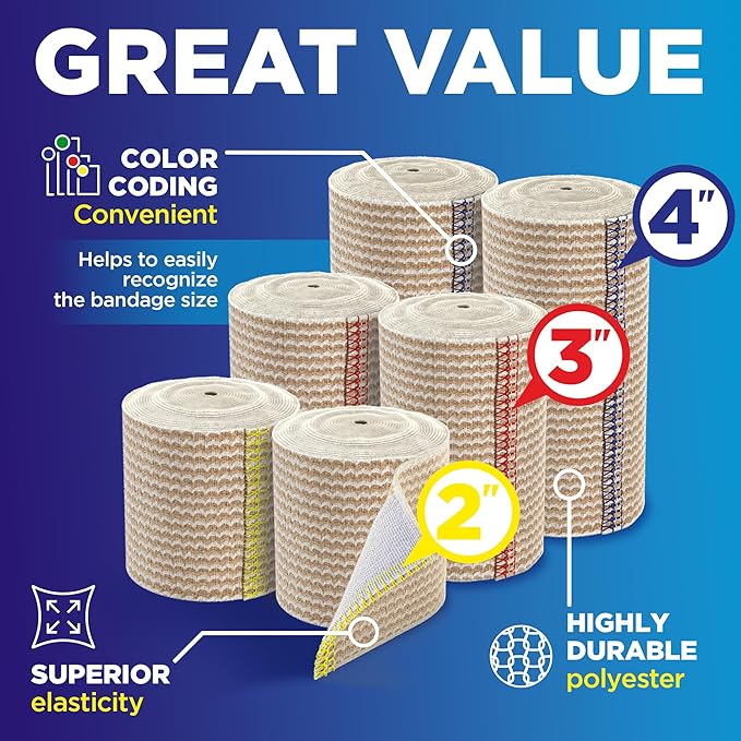 High-Performance Elastic Bandage Wrap - 6 Pack (2x2in, 2x3in, 2x4in) - Self-Closing Strong Compression Bandage Wrap for Feet, Ankles, Wrists, and Knees