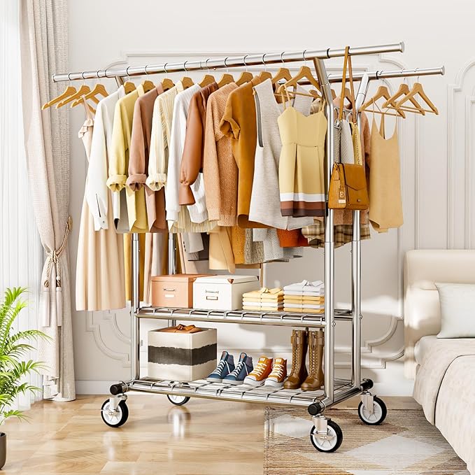 Heavy Duty Clothes Rack, Rolling Clothing Rack With Shelves Load 620 LBS, Double Rod Clothing Racks for Hanging Clothes, Portable& Adjustable Clothes Rack with Wheels Garment Rack