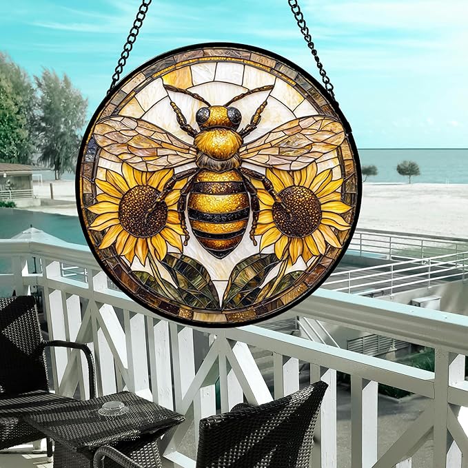 Stained Glass Window Hanging - Bee Sunflower Yellow Suncatcher Ready to Hang Window Doors Home Decoration and Christmas, Mother's Day Birthday Gifts for Women, Men, and Mom 14.9x14.9 in