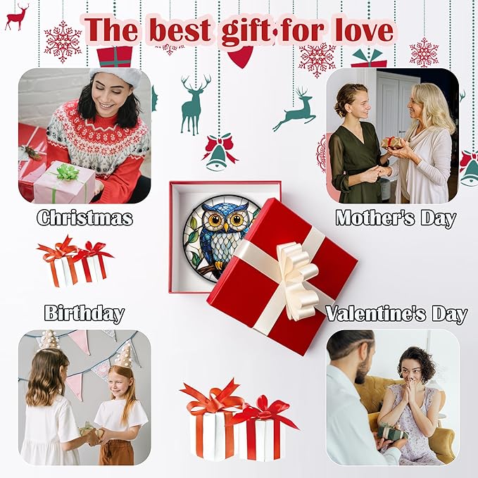 Stained Glass Window Hanging, Owl Gifts for Women Sun Catchers Diamond Glass Panel Hangings Birds Suncatcher Decor for Birthday for Women, Men, Wife, Aunt, and Mom 9.8 in