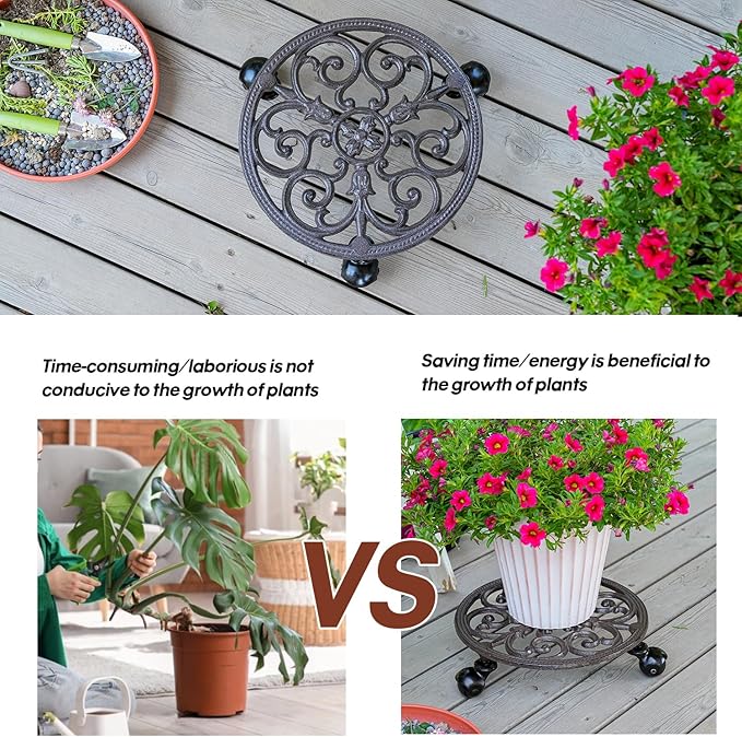 Sungmor Heavy Duty Cast Iron Plant Caddy,11" Round Potted Plant Stand Flower Pot Rack on 3 Solid Wheels,Indoor Outdoor Planter Holder Trolley Casters Rolling Tray