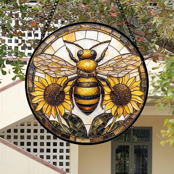 Stained Glass Window Hanging - Bee Sunflower Yellow Suncatcher Ready to Hang Window Doors Home Decoration and Christmas, Mother's Day Birthday Gifts for Women, Men, and Mom 14.9x14.9 in