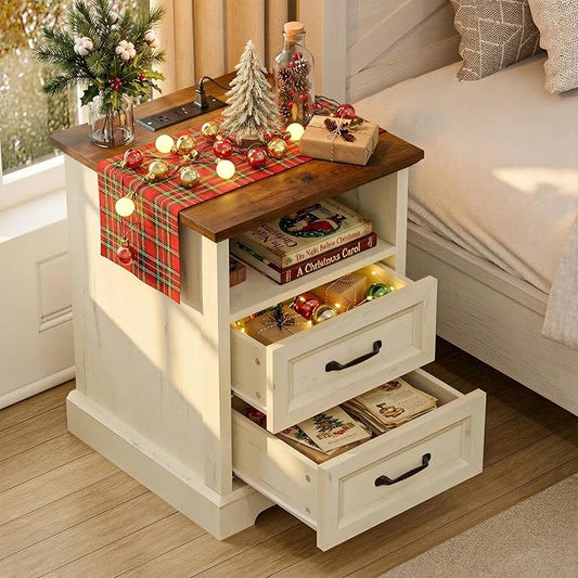 HOMMPA 18'' Farmhouse Nightstand with Charging Station, Bedside Tables with Storage, Bed Side End Table with Open Shelf, 2 Drawers Wood Night Stand Dresser for Bedroom, Living Room, Rustic White