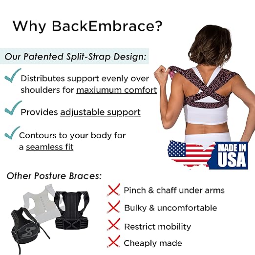 BackEmbrace Posture Corrector for Women and Men - Made in USA - Slim and Adjustable Shoulder Brace - Back Brace for Back Pain Relief - Pink Pebble M/L