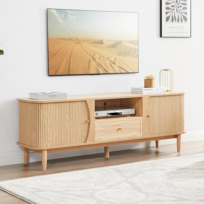 TV Stand, Media Console Table with Drawer and Sliding Door, Modern Entertainment Center with Storage for Living Room, Bedroom, Home Office (Natural with 1 Drawer)