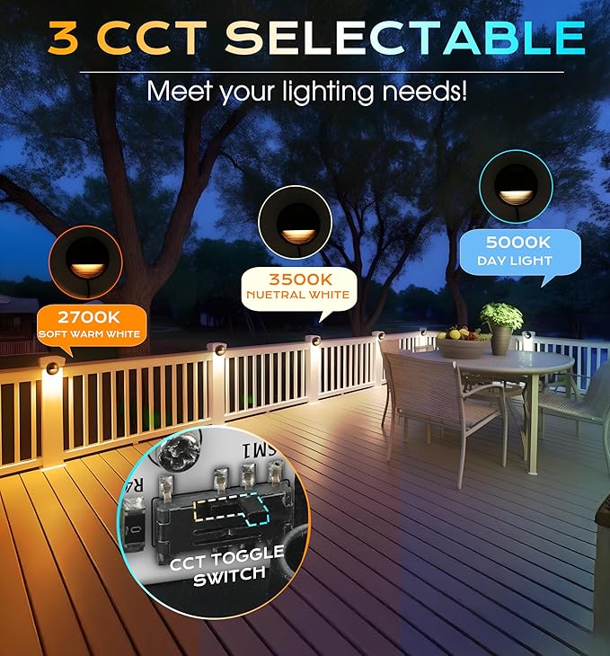 CLOUDY BAY [6 Pack] 3CCT Low Voltage LED Deck Lights Outdoor,2700K/3500K/5000K Selectable,Landscape Step Stair Railing Fence Light Wired,3W,12V-24V AC/DC,Bronze Finish