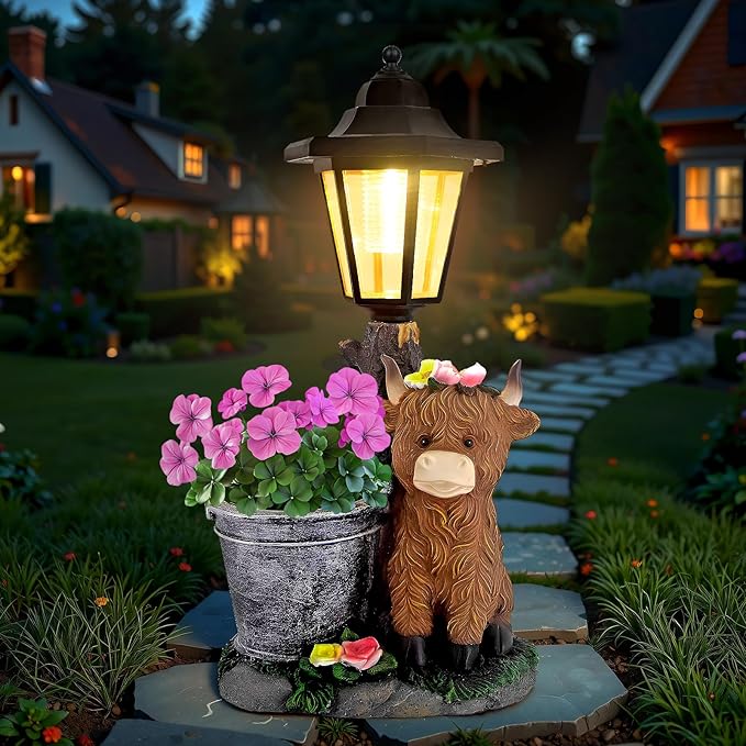 Solar Highland Cow Outdoor Statues, Garden Sculptures with Flowerpot Decor & Solar Lantern for Yard Art Lawn Ornaments Porch Patio Balcony - Birthday Gifts for Women Mom