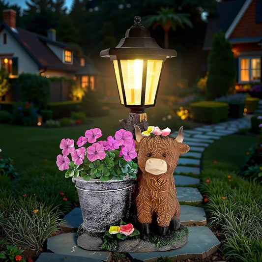 Solar Highland Cow Outdoor Statues, Garden Sculptures with Flowerpot Decor & Solar Lantern for Yard Art Lawn Ornaments Porch Patio Balcony - Birthday Gifts for Women Mom