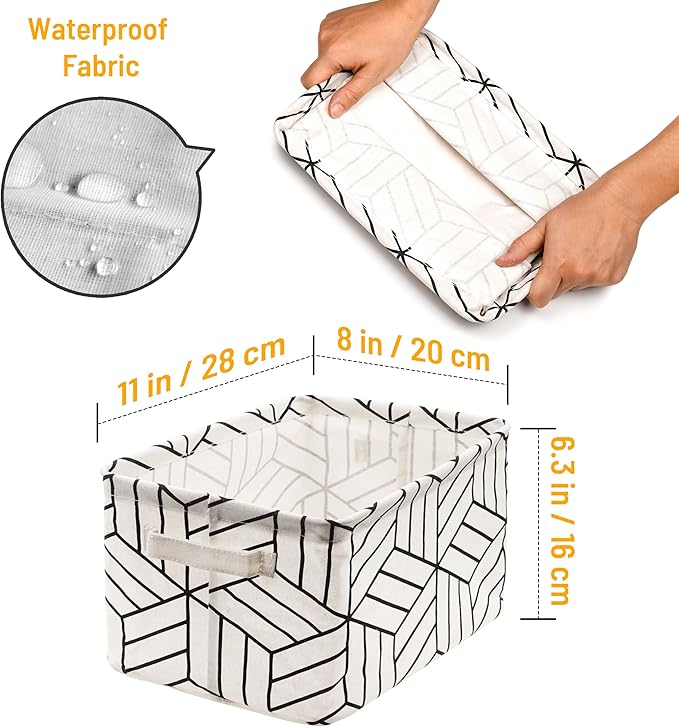CROWNED 6 Pcs Storage Basket Foldable Cube Fabric Bins Square Mini Box Receive Organizer Rectangle Canvas with Handles for Home Office Books Small 11x8x6.3 inch White