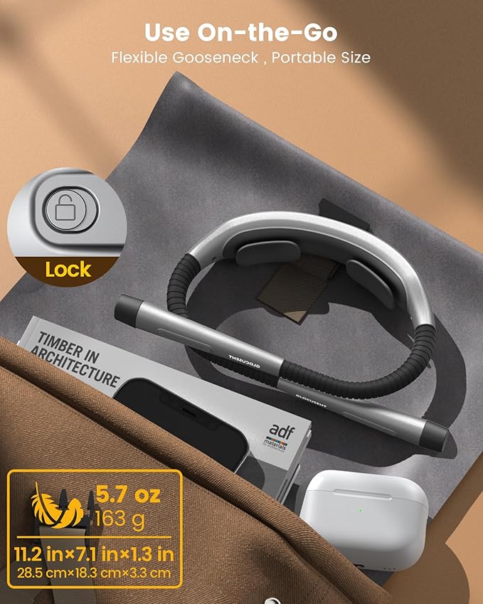 Glocusent Ergonomic Reading Light, 1600mAh Rechargeable Book Light for 100 Hrs - 3 Colors & 5 Brightness, Neck Light with Timers, Sleep Aid & Travel Lock, Perfect for Reading, Knitting & Craft