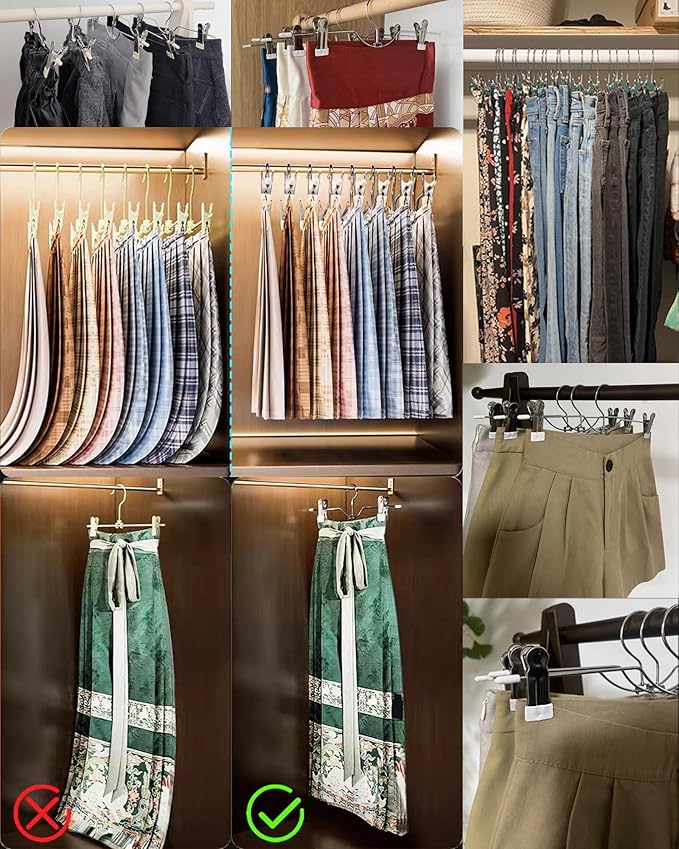 HGYZE Metal Skirt Hangers for Women, Short Neck Pants Hangers with 2-Adjustable Clips, 360° Swivel, Non Slip White Grip for Slacks Trousers Shorts Jeans, Stackable Hooks for Space Saving 20 Pack