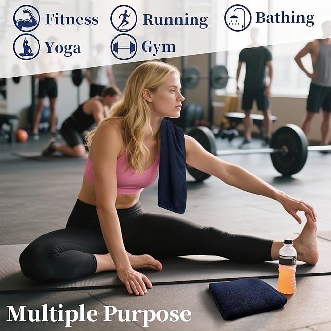 VOOVA & MOVAS Workout Towels for Gym (2PC, 15"x40") - 100% Cotton, Breathable, Soft & Absorb, Sweat Towel for Men & Women, Sports Hand Towel for Yoga, Shower, Tennis, Running, Exercise & Fitness,Navy