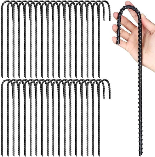 Sadnyy 36 Pcs 12 Inch Rebar Stakes Metal Chain Link Anchors for Ground Fence Garden Heavy Duty J Hook Black Steel Tent Post Stake with Chisel Point End Anchor Curved Plant Support for Trampoline