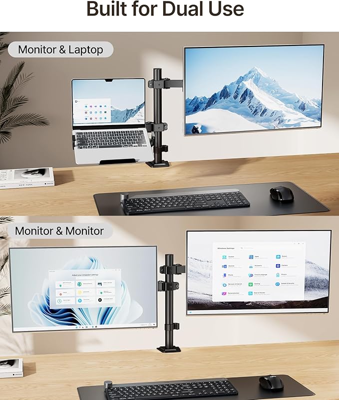 monTEK Monitor Mount and Laptop Stand for Desk, Adjustable Height Monitor Arm Fit up to 32 inch Screen and 17 inch Laptop, Hold up to 22lbs Weight, C-Clamp and Grommet
