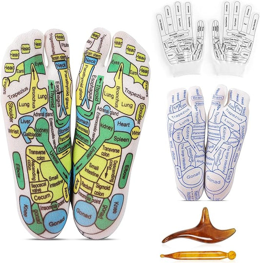 Reflexology Socks Set with Gloves Tools, 2 Pairs Chiro Acupressure Acupuncture Trigger Point Foot Hands Pain Relief Remedy Acupoint Massage Birthday Gifts for Women C