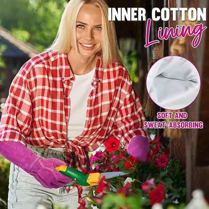 HANDLANDY Ladies Leather Gardening Gloves, Thorn Proof Women Rose Pruning Garden Yard Glove, Heavy Duty Long Sleeve Gloves (Small, Rosy)