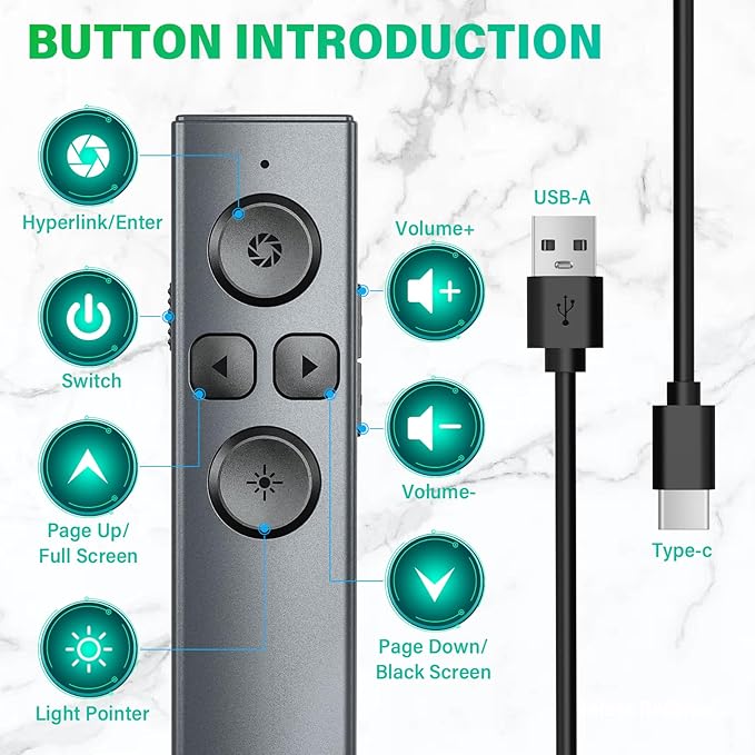 2 in 1 USB Type C Presentation Clicker with Green Light Pointer, Rechargeable Presentation Clicker Wireless Presenter Remote Clicker, 2.4GHz Clicker for Powerpoint Presentations, Google Slide Advancer