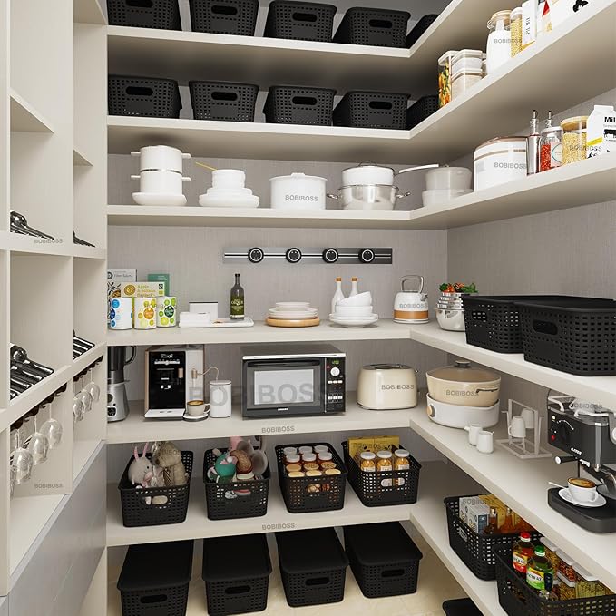 Black Plastic Storage Baskets with Lids 10 Pack Stackable Storage Bins Containers for Shelves Organizing, Cute Decorative Storage Boxes for Classroom, Playroom, Closet, Pantry