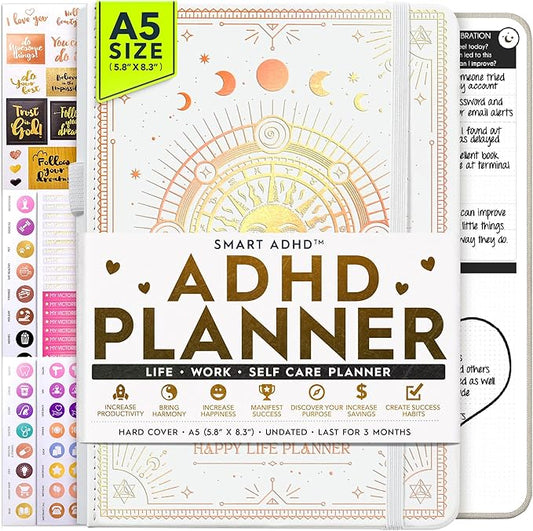 Adhd Daily Planner - A Self Care Personal Gratitude Journal to Increase Productivity and Success in Life & Work, Weekly & Monthly Undated Planner for Women and Men, Vision Board & Organizer + Stickers