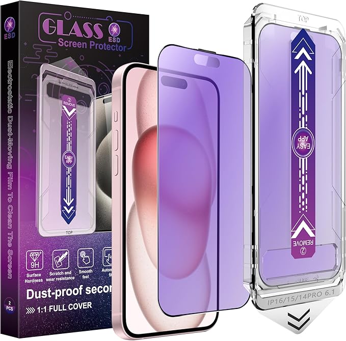 2 Pack Anti Blue Light Matte Screen Protector for iPhone 14 Pro/iPhone 15 / iPhone 16, 9H Tempered Glass, Full Coverage, Anti-Fingerprint, Auto Dust-Elimination, No Bubble, Easy Installation