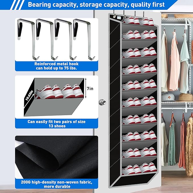 Heavy-Duty, Over The Door Shoe Organizer, Extra Large 10 Tiers, Over Door Shoe Organizer, Coated Hooks Grip Firmly Without Scratching Paint,75LB, Door Shoe Rack,Grey