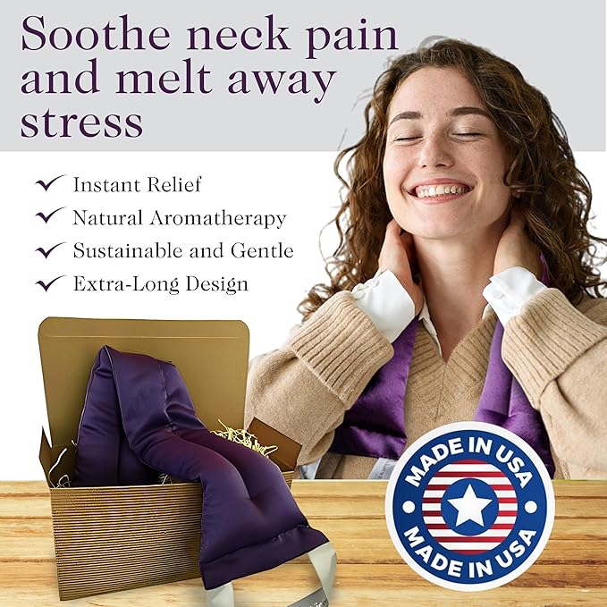 Victoria's Lavender Luxury Microwavable Aromatherapy Lavender Neck Wrap Provides Stress & Neck Pain Relief, Organic Lavender Buds & Flax Seed, Extra Long - Made in The USA