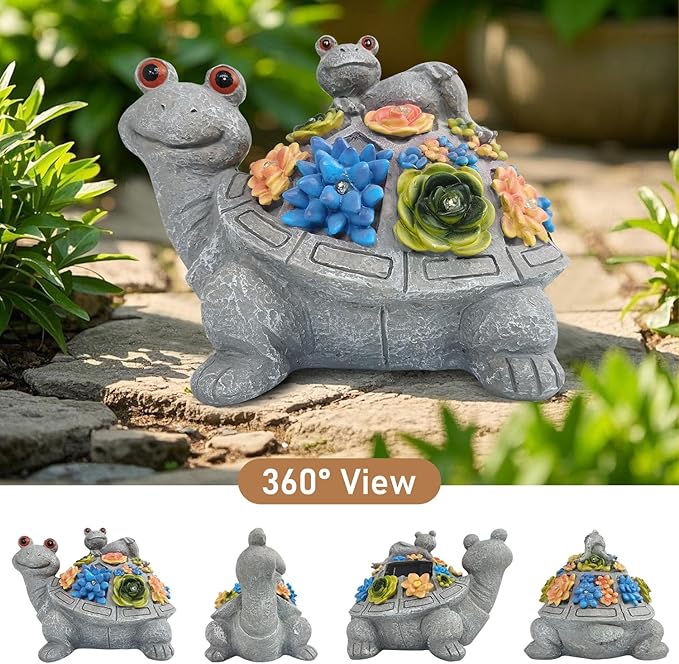 J.CARP Outdoor Solar Garden Turtle Statue with Succulents and 7 LED Lights for Garden, Patio, Lawn, Outdoor Patio and Deck Decorations, Unique Housewarming Gifts