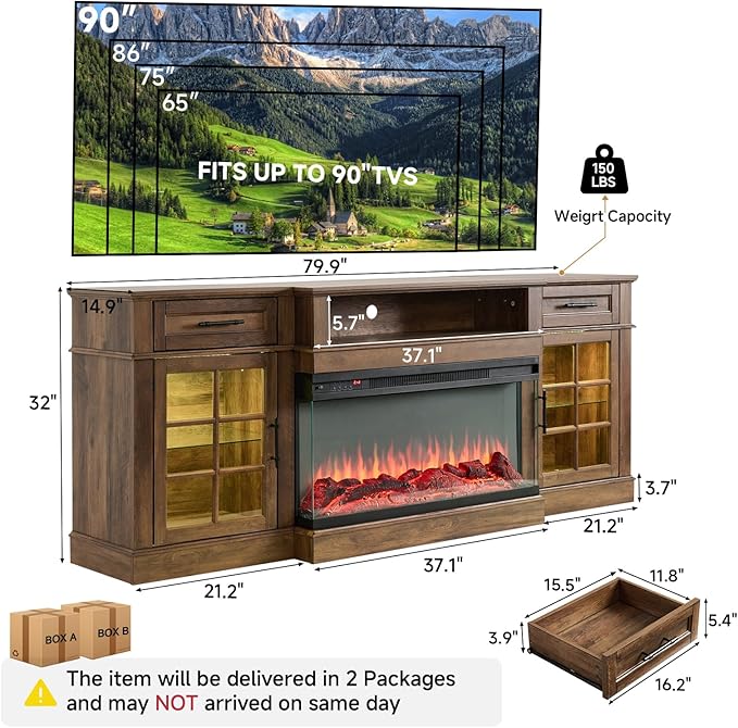 ROCKPOINT 3 Sided Glass 80" Fireplace TV Stand for TVs up to 90inch,Entertainment Center with Drawers and Glass Door Storage Cabinet,36" Electric Fireplace with LED Light and Flame Colors,Espresso