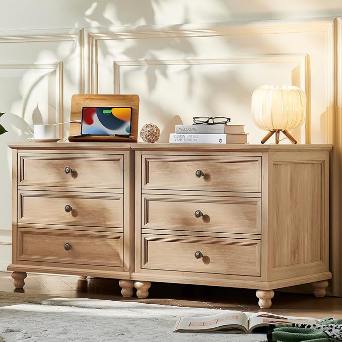 Farmhouse Nightstand with Charging Station, 24" Wide End Table with 3 Drawers,Natural Wood Dresser Cabinet for Bedroom, Bed Side Table Chest of Drawers,Night Stand for Living Room, Closet