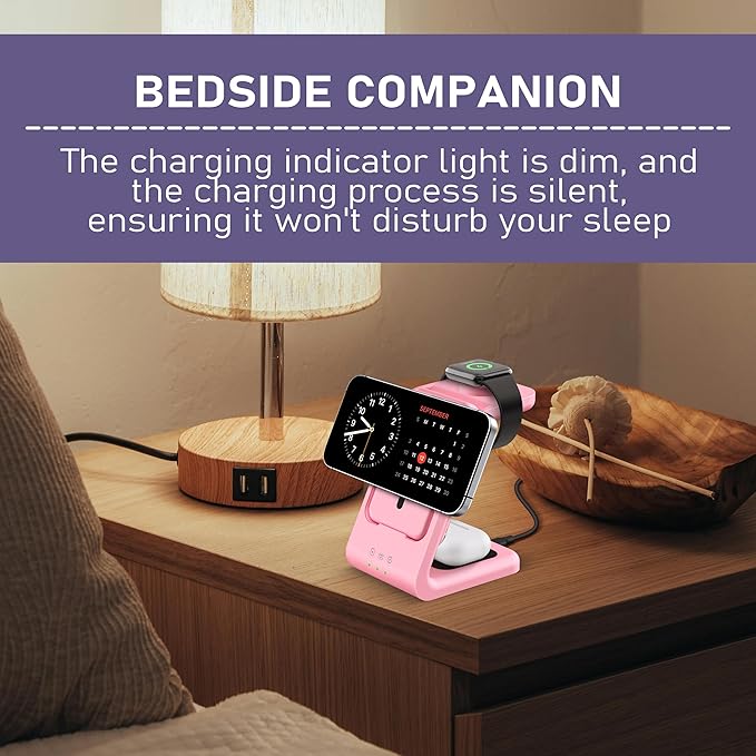 3 in 1 Wireless Charging Station: 5000mAh Removable Power Bank Charger Stand for iPhone/Apple Watch/Airpods - Portable Magnetic Battery Pack for Air 17 16 15 14 13 12 Series Pink