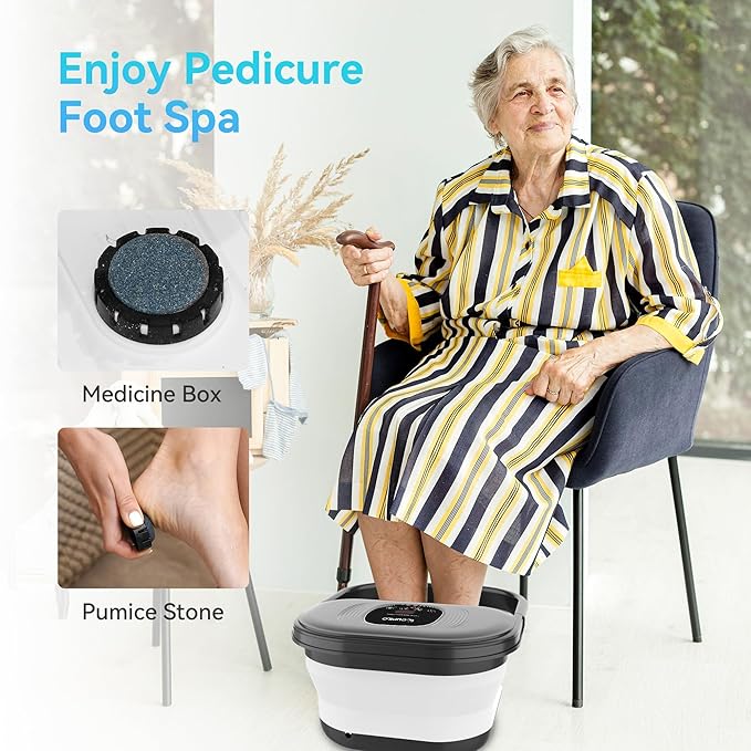 Foot Spa Bath Massager, Collapsible Foot Soaking Tub with Heat, Bubbles, Red Light, Pumice Stone, and Shiatsu Rollers for Relaxation, Gift for Foot Care