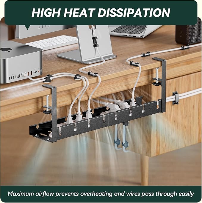 Under Desk Cable Management Tray, Extendable 11.2" to 21.6" Cable Management Under Desk Tray, No Drill with Clamp for Home Office